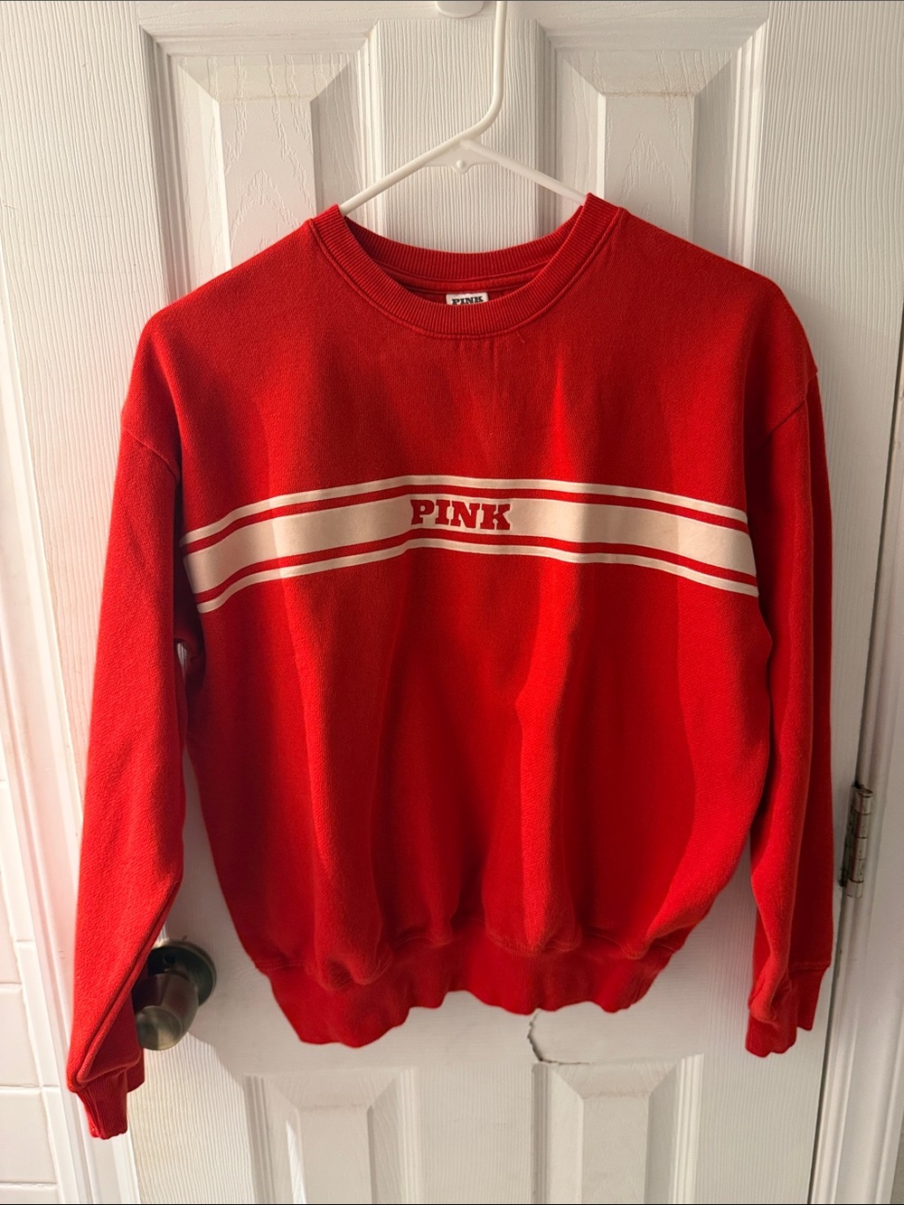 PINK Victoria's Secret Red Crewneck Sweatshirt with White Chest Stripes